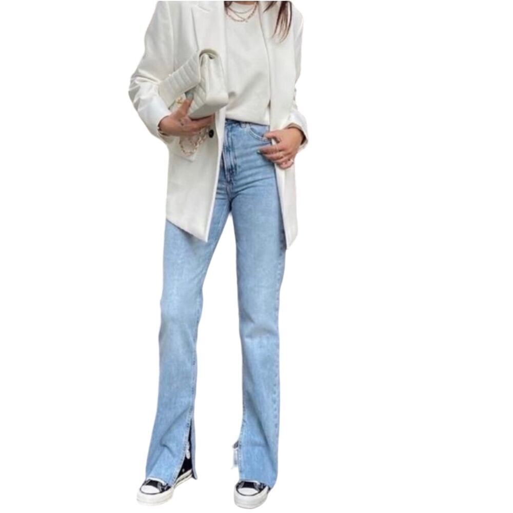 Zara Light Blue Split-Hem Flare Jeans